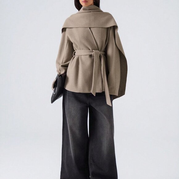 Khaki Elegant Women's Plus Size Cinched Waist Hooded Poncho Overcoat - Picture 5 of 6